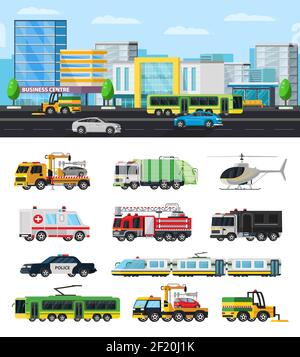 Bunte Stadtverkehr Sammlung mit modernen kommunalen Fahrzeugen Autos LKW Trolleybus Straßenbahn Hubschrauber Kehrmaschine isoliert Vektor Illustration Stock Vektor