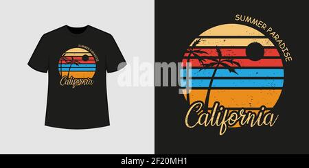 California Ocean Beach T-Shirt-Stil und trendige Kleidung Design mit Baum Silhouetten, Typografie, Druck, Vektor-Illustration. Stockfoto