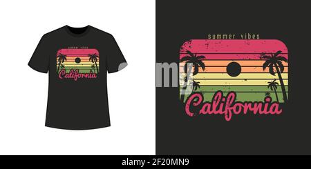 California Ocean Beach T-Shirt-Stil und trendige Kleidung Design mit Baum Silhouetten, Typografie, Druck, Vektor-Illustration. Stockfoto