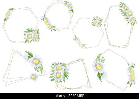 Aquarell Daisy Clipart. Gold Rahmen Feld Gänseblümchen Blumen. Rustikaler Hochzeitsstrauß. Boho Kamillenkranz. Scrapbooking, Kartenherstellung Set Stockfoto