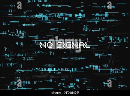 Glitch-Effekt für keine Signalbildseite. Abstrakter Vektorhintergrund mit blauen, zufälligen Elementen auf schwarzem Hintergrund. Vintage Poster mit Digital Stock Vektor