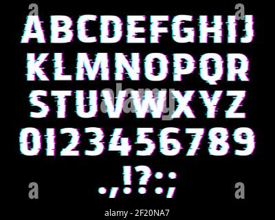Glitch-Schrift, leuchtende Vektor-Alphabet Buchstaben, Welligkeit Ziffern und Satzzeichen isoliert auf schwarzem Hintergrund. Verzerrter Glitched Effekt leuchtet ab Stock Vektor
