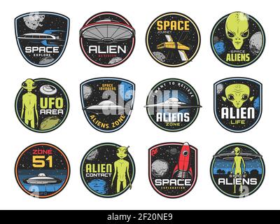 Alien Zone, ufo-Bereich und Space Shuttles Vektor Retro-Symbole. Außerirdischer Comer mit grüner Haut und riesigen Augen. Space Journey Etiketten mit Raumschiff Stock Vektor