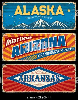 Alaska, Arizona und Arkansas Staaten retro Metallplatten. USA Staaten alte Straße singt, rostigen Schild oder abgenutzte Wegweiser. Schneebedeckte Berggipfel, inscriptio Stock Vektor