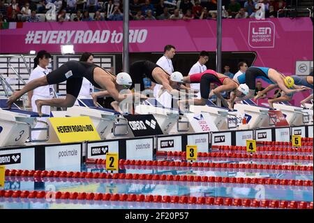 Charlotte Bonnet (FRA), Femke Heemskerk (NED), Ranomi Kromowidjojo (NED) und Sarh Sjoestroem (SWE) starten am 100-m-Freistilfinale der Frauen während der len European Aquatics Championships London 2016, Tag 10, am 18. Mai 2016 im Aquatics Centre im Queen Elizabeth Olympic Park in London, England - Foto Stephane Kempinaire / KMSP / DPPI Stockfoto