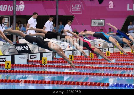 Charlotte Bonnet (FRA), Femke Heemskerk (NED), Ranomi Kromowidjojo (NED) und Sarh Sjoestroem (SWE) starten am 100-m-Freistilfinale der Frauen während der len European Aquatics Championships London 2016, Tag 10, am 18. Mai 2016 im Aquatics Centre im Queen Elizabeth Olympic Park in London, England - Foto Stephane Kempinaire / KMSP / DPPI Stockfoto