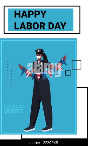 Polizistin in Uniform hält USA Flagge Labor Day Feier Konzept Polizist trägt Maske, um Coronavirus Pandemie volle Länge zu verhindern Vertikale Vektordarstellung Stock Vektor