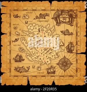 Piratenschatz Insel alte Karte. Route gepunktete Linie zwischen Bergen, markieren Sie für Brust mit Schätzen und Segeln in Ozean Karavellen, Meer Monster auf pi Stock Vektor