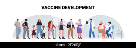 Rassenpatienten in Masken mischen, die auf Covid-19-Impfstoff-Coronavirus warten Prävention medizinische Immunisierung Kampagne Konzept volle Länge horizontale Vektor-Illustration Stock Vektor