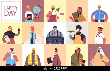 set people of different occupations celebrating labor day mix race men women portraits collection horizontal vector illustration Stock Vektor