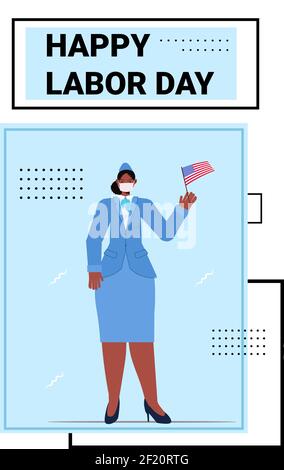 Stewardess in Uniform Holding USA Flagge Labor Day Feier Konzept Frau trägt Maske, um Coronavirus Pandemie volle Länge vertikal zu verhindern vektorgrafik Stock Vektor