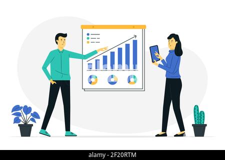 Abbildung des Businessplan-Konzepts. Geschäftskonzept. Zwei Personen planen ein Unternehmen auf Basis eines Diagramms. Vektor Illustration flach Design Stil. Stock Vektor