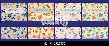 Notizbuch Deckblatt Blumenschablonen Set, für Notizbücher, Planer, Broschüren, Bücher, Kataloge Stock Vektor