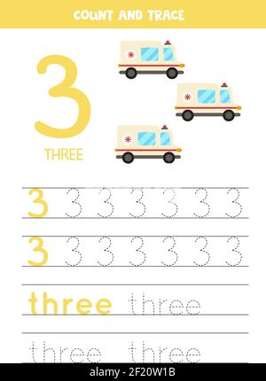 Die Nummer 3 und das Wort drei verfolgen. Handschriftpraxis für Kinder mit drei Ambulanzwagen. Stock Vektor