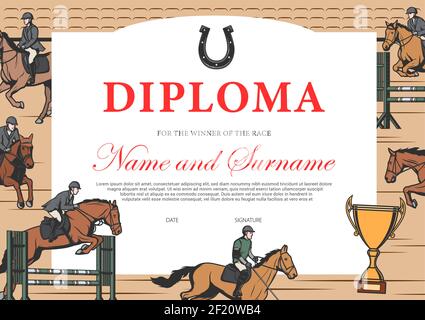 Pferderennen Sieger Diplom, Zertifikat Vektor Vorlage. Hengst Racing Award Border Design mit Reiter auf Hippodrom. Siegesfeier Diplo Stock Vektor