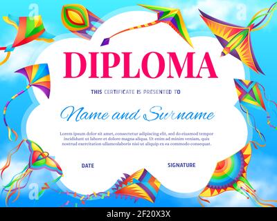 Schule Bildung Diplom Vektor-Vorlage mit Cartoon Drachen fliegen in blau wolkigen Himmel. Schule oder Kindergarten Schüler Zertifikat Rahmen für Teilnehmer Stock Vektor