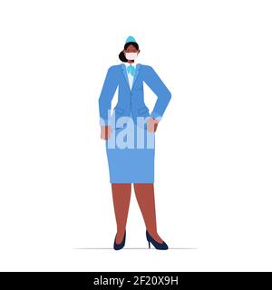 afroamerikanische Stewardess in Uniform trägt Maske, um Coronavirus zu verhindern Pandemie Tag Feier Konzept volle Länge Vektor Illustration Stock Vektor