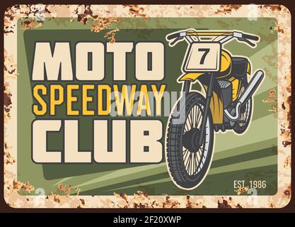 Speedway Racing Motorrad Club rostigen Metallplatte. Speedway Motorrad mit Offroad- oder Schlammreifen und Racer-Nummernschildvektor. Motorsport Racing spor Stock Vektor