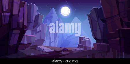 Bergspalte Blick von unten, Nacht Landschaft mit hohen Felsen und Vollmond mit Sternen glühen über Gipfeln. Schöne Natur Hintergrund, Hügel bei Nacht, Cartoon-Vektor-Illustration Stock Vektor