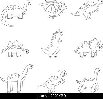 Malseite mit Cartoon Dinosaurier. Set von schwarzen und weißen Reptilien. Stock Vektor