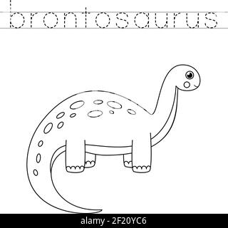 Verfolgen Sie die Namen der Dinosaurier. Farbe niedlichen Brontosaurus. Handschriftübungen für Kinder im Vorschulalter. Stock Vektor