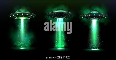3D UFO, Vektor Alien Raumschiffe mit grünem Lichtstrahl, Rauch und funkelt. Untertassen mit heller Beleuchtung und vertikalem Strahl für Entführungen, nicht identifizierte fliegende Objekte, realistische Vektordarstellung Stock Vektor
