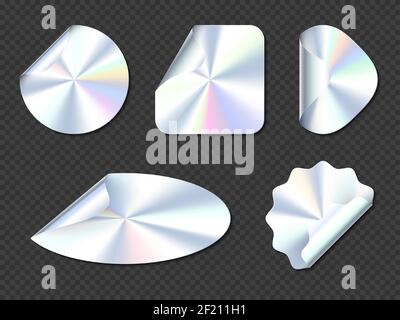 Holografische Aufkleber, Hologramm-Etiketten mit gewellten Kanten. Runde, quadratische, ovale, Rhombus und gewellte irisierende Folie oder silberfarbene blanke Regenbogen glänzende Embleme oder Patches, realistische 3D Vektor-Icons gesetzt Stock Vektor