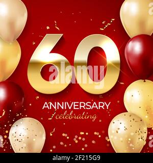 Dekoration zur Jubiläumsfeier. Goldene Nummer 60 mit Konfetti, Luftballons, Glitzern und Luftschlangen auf rotem Hintergrund. Vektorgrafik Stock Vektor