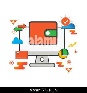 Abbildung der Brieftasche. Abbildung des Computers. Flaches Vektor-Symbol. Kann für, Icon Design Element, ui, Web, App verwenden. Stockfoto