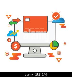 Abbildung der Kreditkarte. Abbildung des Computers. Flaches Vektor-Symbol. Kann für, Icon Design Element, ui, Web, App verwenden. Stockfoto