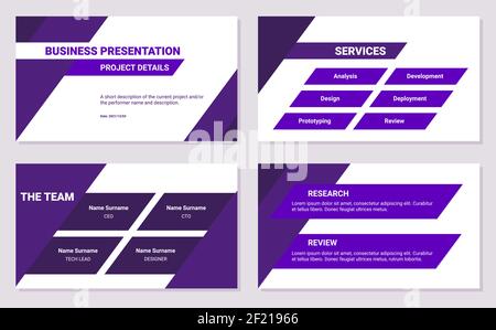 Designvorlage für Geschäftspräsentationen. Projektdetails, Services, Team, Forschung und Überprüfung. Einfache flache schräge Linien, Dreiecke, violette Farbe, 4 sli Stock Vektor