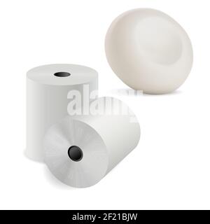 Toilettenpapier 3D Rolle. Küchentuch, runde Seifenstück realistische Illustration. Papierbogen-Set, runde Rohrschablone, Bad WC Pflege. Toilette Stock Vektor