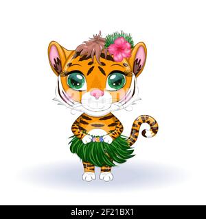 Ein niedlicher Cartoon-Tiger mit schönen Augen im Bild eines Hula-Tänzerin. Hawaii, Sommer, Inseln und Urlaub. Chinesisches Neujahr 2022, Jahr der Tige Stock Vektor