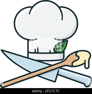 Kochmütze mit gekreuzten Küchenmesser und Kochlöffel isoliert vektor-Illustration für Chefs Day am 20. Oktober Stock Vektor
