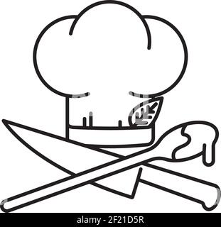 Kochmütze mit gekreuzten Küchenmesser und Kochlöffel Vektor Linienikon für den Chefs Day am 20. Oktober Stock Vektor