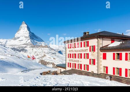 Hotel und Restaurant Riffelhaus, Matterhorn, Zermatt, Wallis, Schweiz Stockfoto