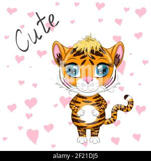 Cute Cartoon Tiger mit schönen Augen, hell, orange. Illustrationen zum chinesischen Neujahr 2022, Jahr des Tigers. Mondneujahr 2022. Stock Vektor