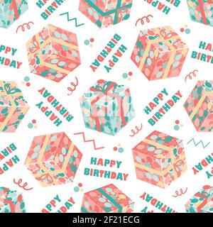 Happy Birthday Gruß und Geschenkbox 3D Effekt nahtlose Vektor Hintergrund Muster.Pastell rosa blau weiß Hintergrund mit Konfetti verziert Geschenke Stock Vektor