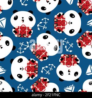 Cute Kawaii Panda mit Koffern, Anker, Yachten nahtlose Vektor-Muster Hintergrund. Sitzende Cartoon-Bären halten Reisegepäck mit Segelbooten Stock Vektor