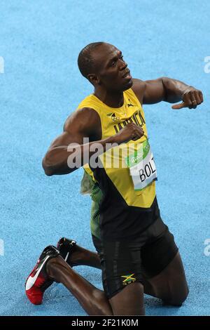 Usain Bolt (JAM) Leichtathletik Herren 200m reagiert nach dem Gewinn der Goldmedaille während der Olympischen Spiele RIO 2016, Leichtathletik, am 18. August 2016, in Rio, Brasilien - Foto Eddy Lemaistre / KMSP / DPPI Stockfoto