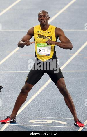 Usain Bolt (JAM) Leichtathletik Herren 200m reagiert nach dem Gewinn der Goldmedaille während der Olympischen Spiele RIO 2016, Leichtathletik, am 18. August 2016, in Rio, Brasilien - Foto Eddy Lemaistre / KMSP / DPPI Stockfoto