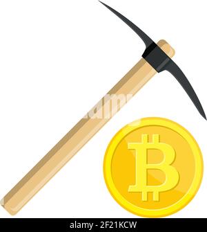Goldene Bitcoin und Spitzhacke Stock Vektor