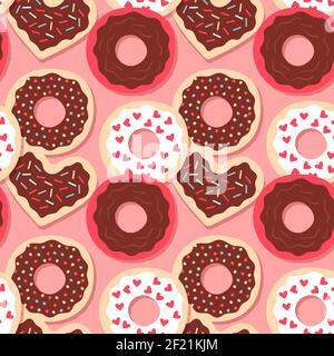 Herz Form Donut Cartoon nahtlose Muster. Süße Valentinstag-Essen, handgezeichnete Schokolade Dessert Hintergrund für Urlaub drucken. Nette Bäckerei, Frühstück Stock Vektor