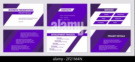 Designvorlage für Geschäftspräsentationen. Kontakte, Dienstleistungen, Entwicklungsprozess und Projektdetails. Einfache flache schräge Linien, Dreiecke, violette Farbe Stock Vektor