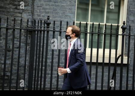 London, England, Großbritannien. März 2021, 10th. Staatssekretär für Gesundheit und Soziales MATT HANCOCK wird in Downing Street ankommen gesehen. Kredit: Tayfun Salci/ZUMA Wire/Alamy Live Nachrichten Stockfoto
