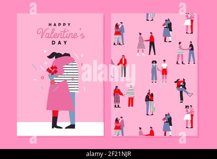 Happy Valentine's Day Grußkarte Satz von flachen Cartoon-Paare. Rosa Freund und Freundin umarmt zusammen mit winzigen Liebhaber Menschenmenge Muster. Februar Stock Vektor