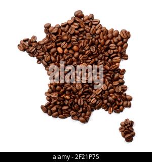 Kaffee mit ganzen Bohnen. Die Kontur des Frankreich ist aus Kaffeebohnen isoliert auf weißem Hintergrund. Stockfoto