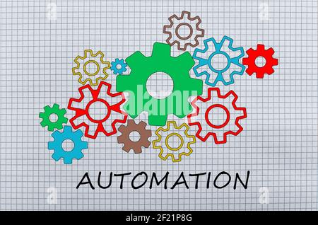 Automatisierungskonzept. Ansicht der bunten Zeichnung von Zahnrädern in Notizblock durch verschiedene Farben mit Automatisierung Beschriftung gemacht. Stockfoto