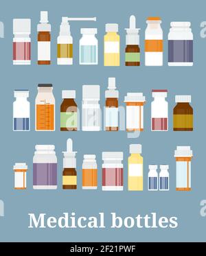 Sammlung von Medikamentenflaschen. Flaschen mit Medikamenten, Tabletten, Kapseln und Sprays. Vektorgrafik Stock Vektor
