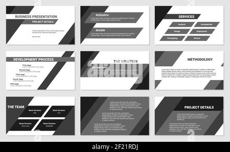 Designvorlage für Geschäftspräsentationen. Entwicklungsprozess, Lösung, Services, Forschung und Überprüfung. Einfache flache schräge Linien, Dreiecke, schwarz und w Stock Vektor